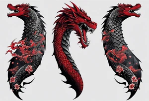 godzilla inspired dragon irezumi arm sleeve in black and red with water and lightning tattoo idea