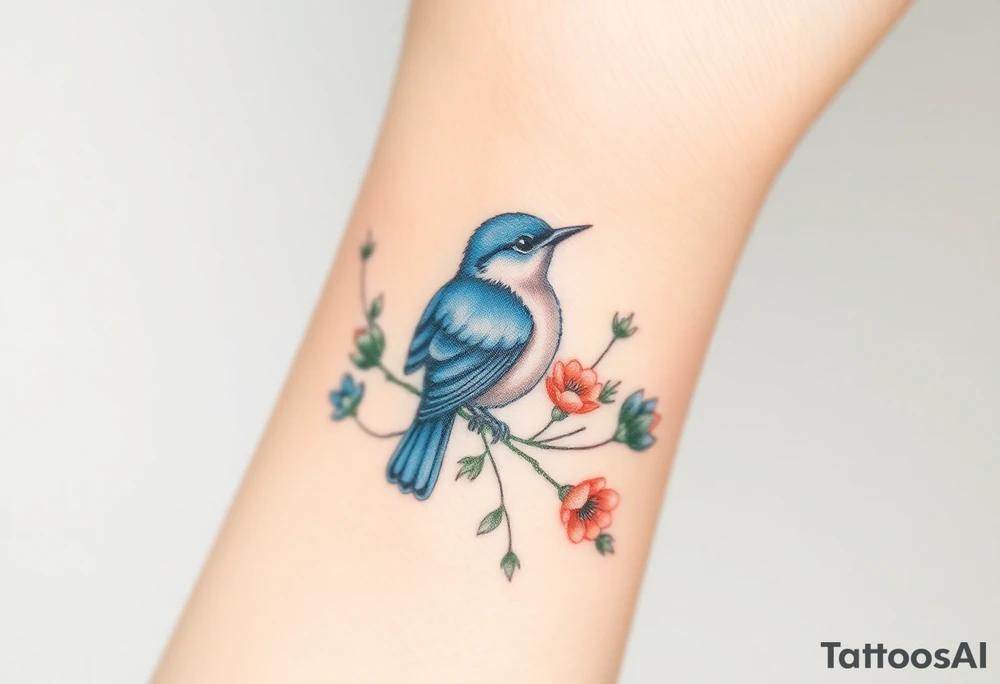 Puffy bluebird surrounded by wild flowers tattoo idea