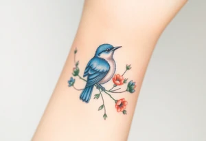 Puffy bluebird surrounded by wild flowers tattoo idea