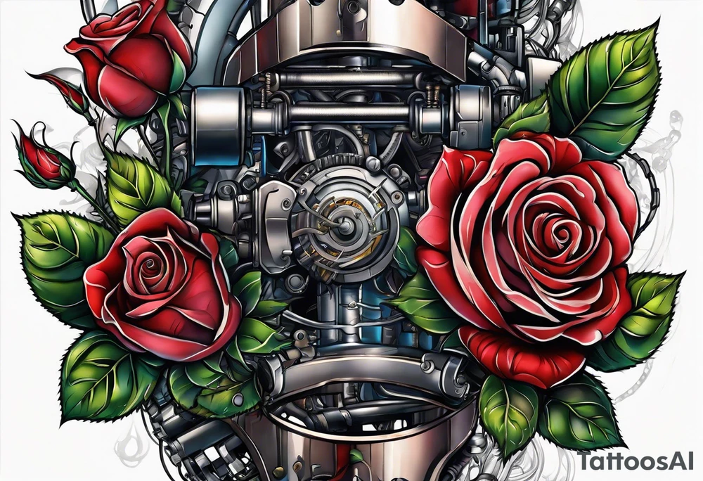 Blend roses and robotic machinery for an arm sleeve tattoo idea