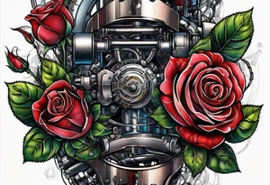 Blend roses and robotic machinery for an arm sleeve tattoo idea