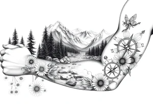 full arm black and white tattoo realistic nature landscape majestic river flowing down bright mountains trees, daisies, chrysanthemums a real bee on one flower a large compass on the forearm tattoo idea