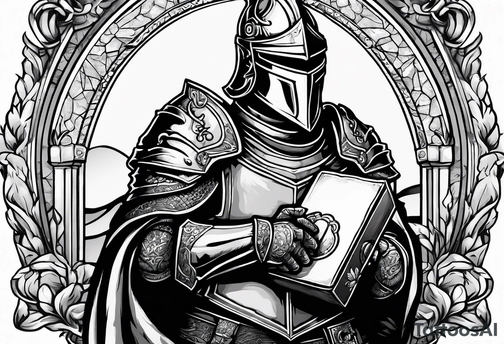 knight holding a bible over his head tattoo idea