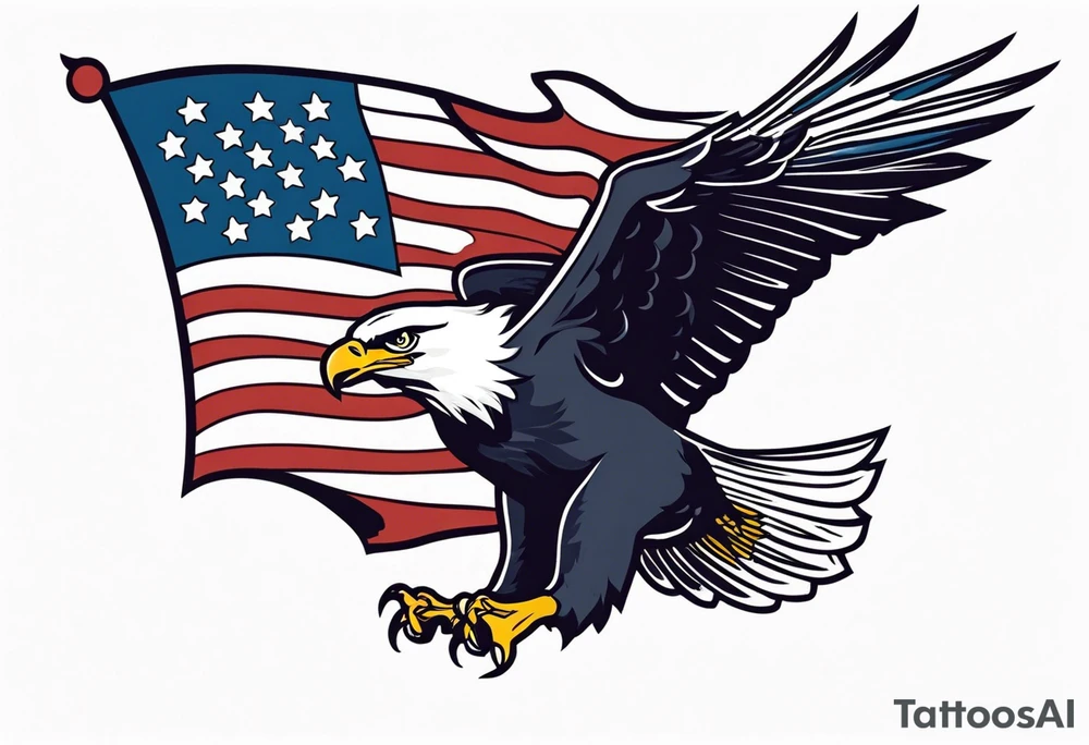 American eagle flying while holding American flag in beak tattoo idea
