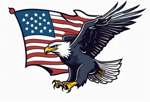 American eagle flying while holding American flag in beak tattoo idea