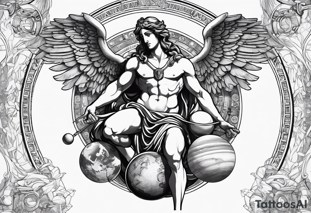 Atlas Greek god with da Vinci virtuvian man with planets and sexy guardian Angel tattoo idea