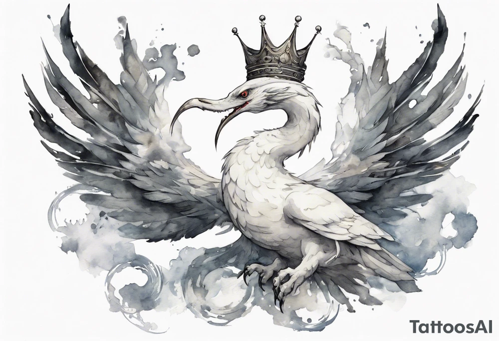 a white bird-serpent hybrid, wearing a pewter crown on its head, flying in the air tattoo idea