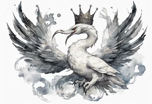 a white bird-serpent hybrid, wearing a pewter crown on its head, flying in the air tattoo idea