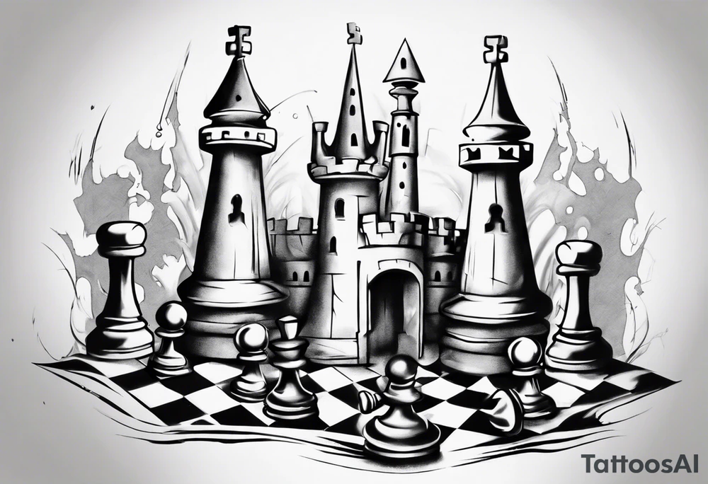 a castle from chess that is mostly sketched out tattoo idea