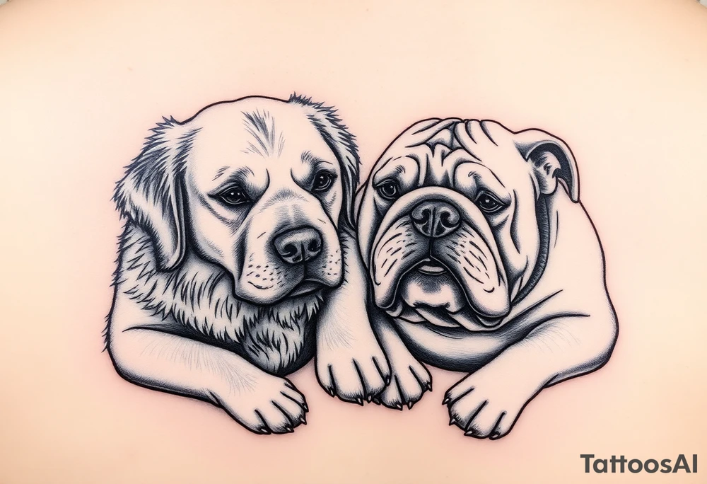 a golden retriever and an English bulldog, lying besides each other, head to head, foreheads touching, side view tattoo idea