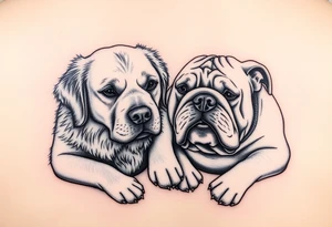 a golden retriever and an English bulldog, lying besides each other, head to head, foreheads touching, side view tattoo idea