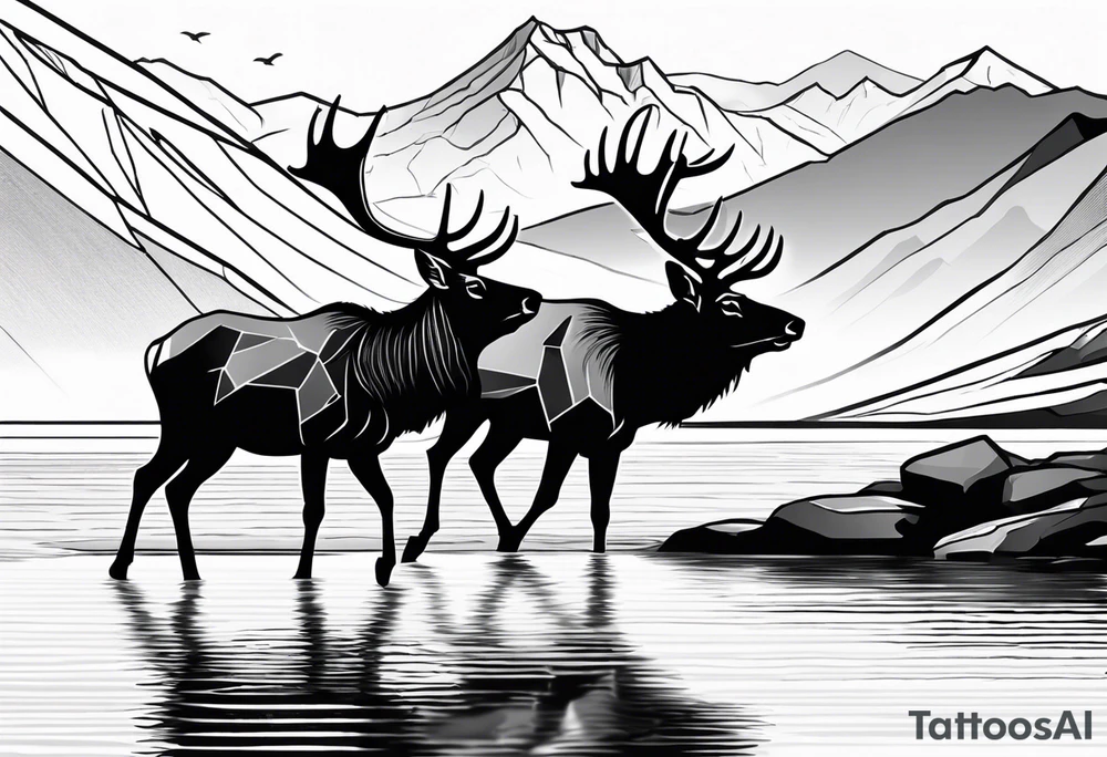 male and female elk near water with mountain landscape in the background with as little black as possible tattoo idea