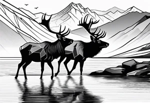 male and female elk near water with mountain landscape in the background with as little black as possible tattoo idea