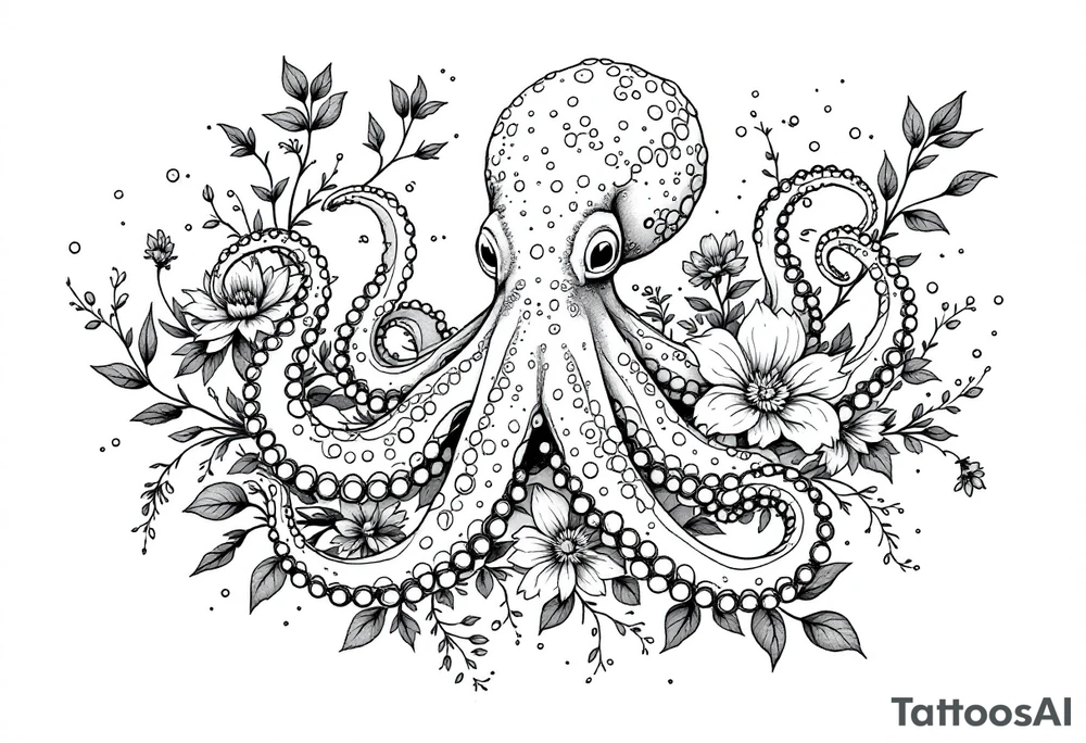 realistic octopus, detailed linework, intricate, black-and-grey shading, surrounded by floral ornaments, intertwining and merging with flowers, thin black swirling lines, semi-transparent brown leaves, dotwork, ornamental flourishes, radiating design, fine-line style, minimalistic, organic flow, feminine, artistic, slightly surreal, seamless composition, marine botanical fusion, lifelike texture, graceful rhythm, smooth shading, soft leaves wrapping, blooming shoulder flower, outward radiating pattern, vine tentacle flow, integrated sea creature, botanical octopus curved body placement, natural organic movement tattoo idea