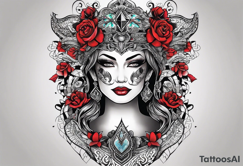 Visualize an (((extremely detailed and advanced tattoo design))), where the name 'LA' stands out in a (((distinctively shaped neck))), adorned with intricate ((colored red and black) lining that creates a (((subtle yet striking visual contrast))) against the (softly glowing, matte skin) tattoo idea
