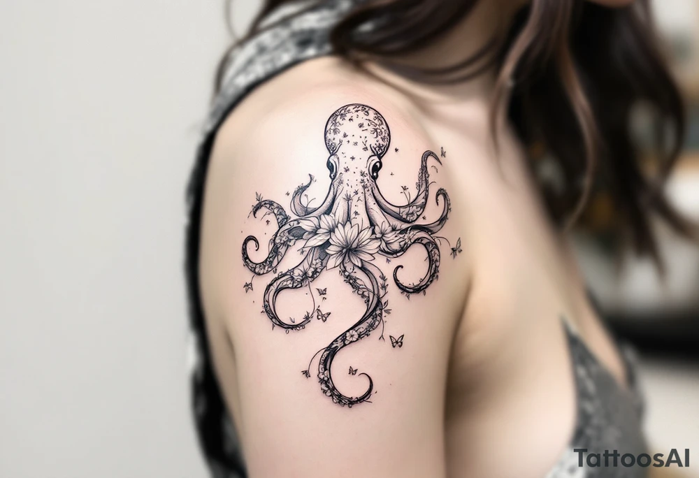 fine-line tattoo, single octopus, flowers butterflies composition, tentacles floral vines, flowing botanical tentacles, sacred geometry, overlapping blossoms body, butterfly wing body, minimalist elegant design, nature-inspired, delicate black grey lines, soft shading, no outlines, outline-free design, floral octopus, botanical sea creature, organic flow, upper arm shoulder placement, light airy feel, poetic minimalism, vine-shaped tentacles, petal tentacle flow, blossom overlapping, wing composition, delicate linework, soft botanical shading, nature creature fusion, minimalist intricacy, elegant simplicity, flowing organic movement, shoulder arm curve, lightweight design, subtle detail work, refined botanical elements, understated complexity, clean minimalist lines, gentle nature fusion tattoo idea