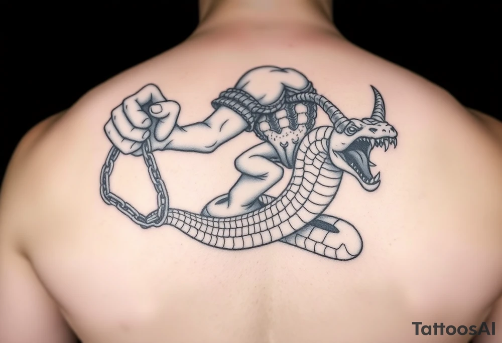An giant ugly demonic man  holding a chain with a snake and something with devils horns ridding the snake both being slaves the snake has a wide shaped cobra head with goat horns and  a mouth full of sharp teeth and with the demonic guy riding on the back of the snake tattoo idea