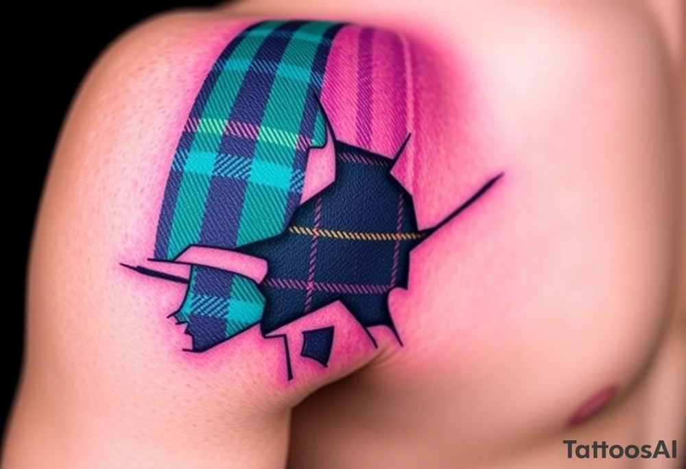 Dark Purple with green pink blue and white highlights tartan fabric on bicep with skin ripping away to reveal tartan underneath tattoo idea