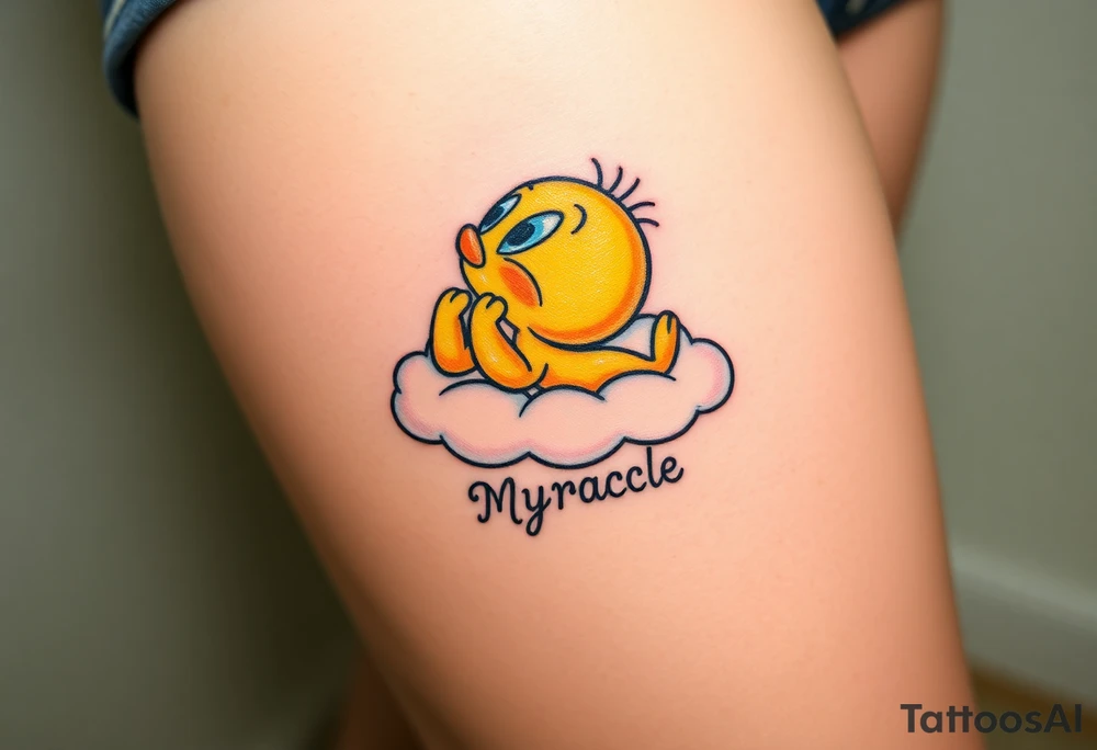 Tweety Bird laying on a cloud with his head in his hands looking up at the sky. Under the cloud in small capital letters is the name Myracle Blessing tattoo idea