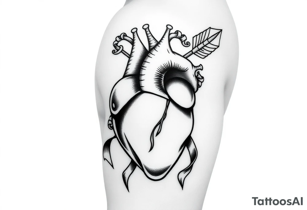 anatomical heart pierced by ornate arrow with flowing ribbons tattoo idea