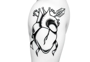 anatomical heart pierced by ornate arrow with flowing ribbons tattoo idea