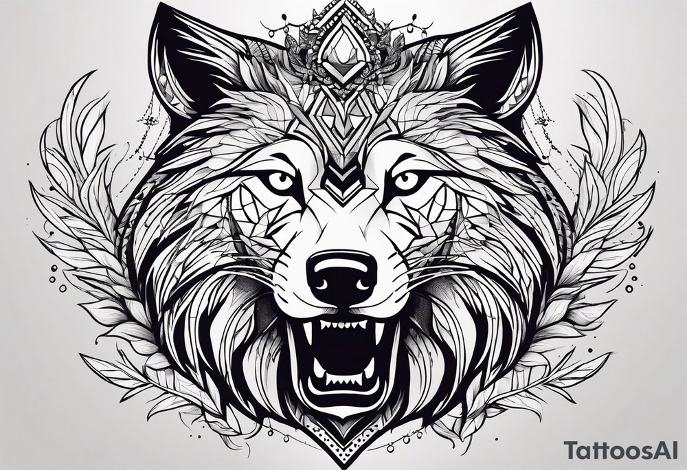 Leão poderoso e majestoso com águia poderosa e observadora juntamente com lobo solitário no braço todo tattoo idea