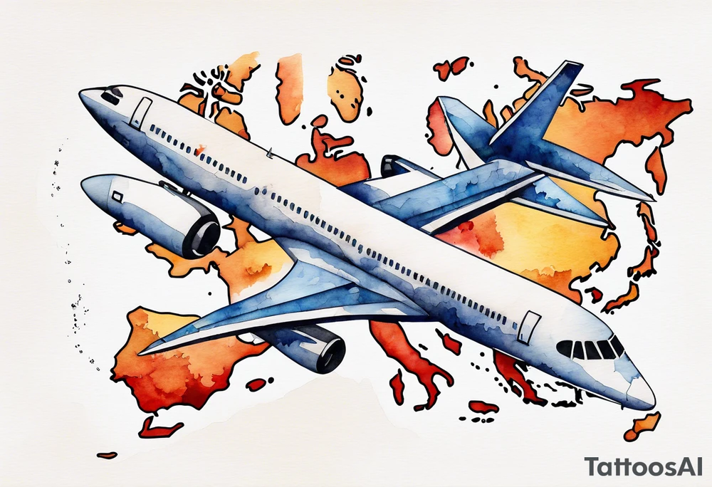 Map us to europe with tiny jet plane showing intercontinental flight path. Watercolor with spilled watercolor look abstract tattoo idea