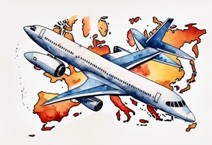 Map us to europe with tiny jet plane showing intercontinental flight path. Watercolor with spilled watercolor look abstract tattoo idea