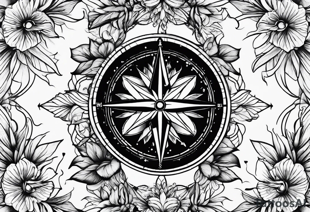 Compass mountains flowers tattoo idea
