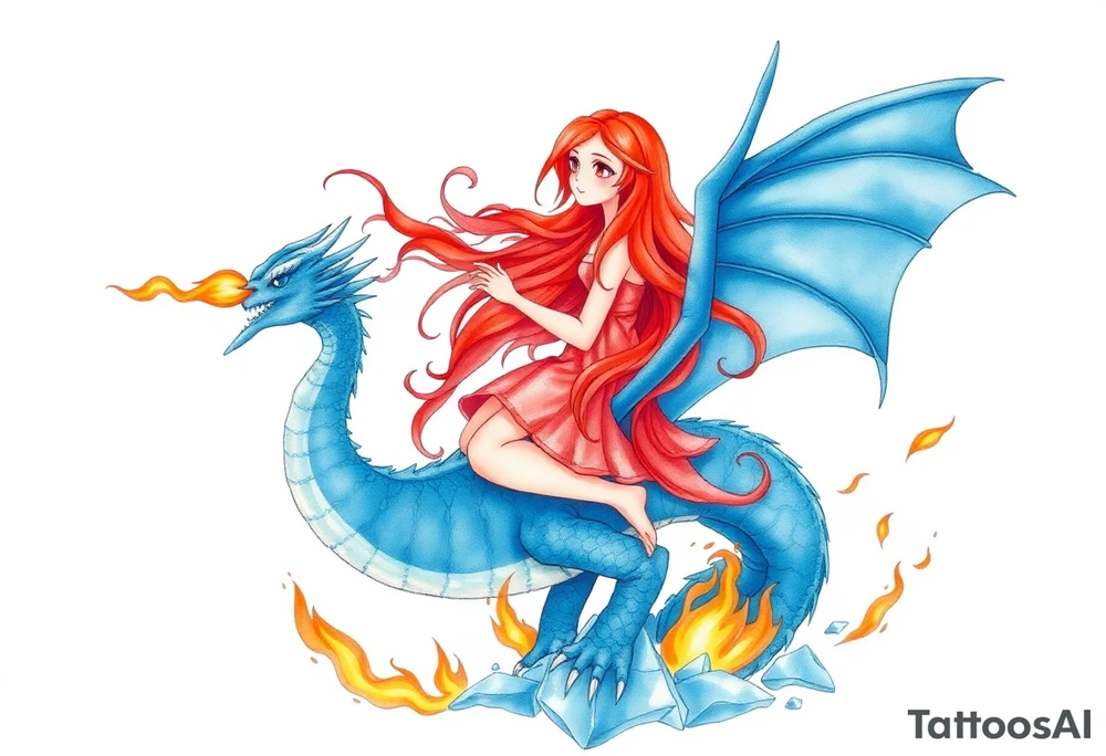 Redheaded girl on a blue dragon who is breathing fire with wings spread and flying over ice and flames tattoo idea