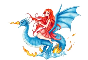 Redheaded girl on a blue dragon who is breathing fire with wings spread and flying over ice and flames tattoo idea