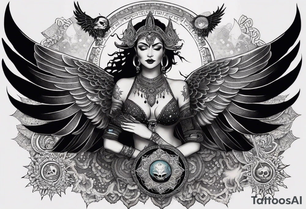 black kali, goddess pirate, alien, angel, pachamama, valkrye, warrior, flying, skull, lotus azul, wing, eagle, zenza resonance, stars, 5D, anahata chakra, death, durga, riding on a tiger, flying lady, chest tatoo tattoo idea