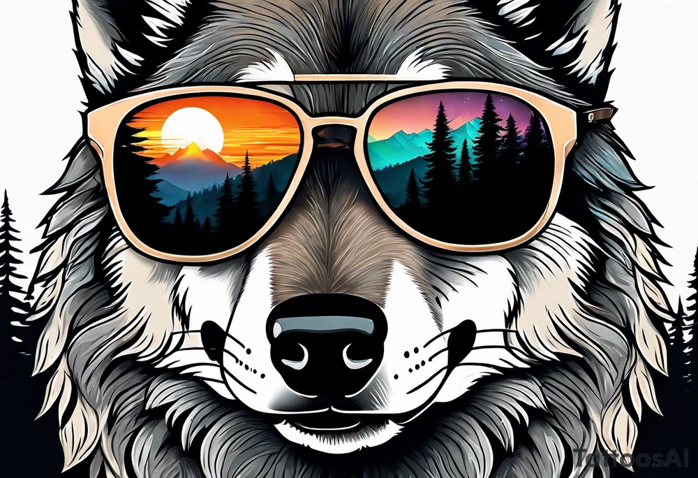 Badass wolf wearing sunglasses
Dark woods
Mountain peaks
Sunset tattoo idea