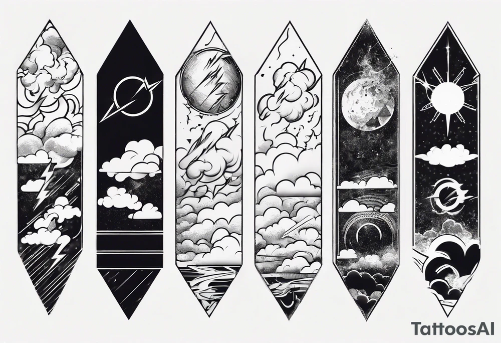 forearm sleeve lightning and clouds pattern tattoo idea