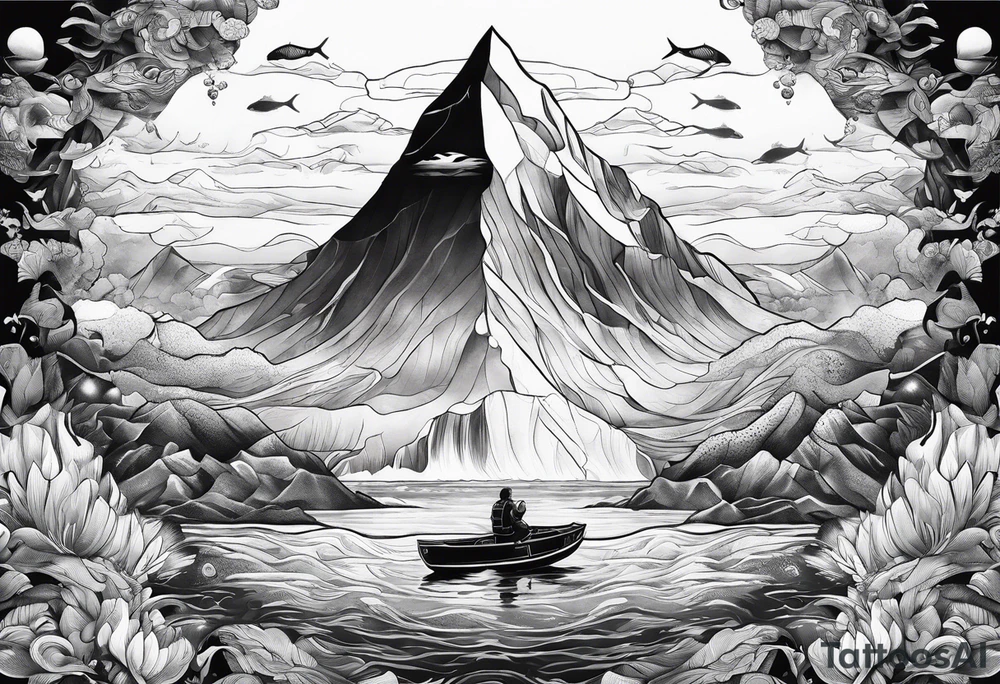 ice berg from above and below with a diver swimming below it tattoo idea