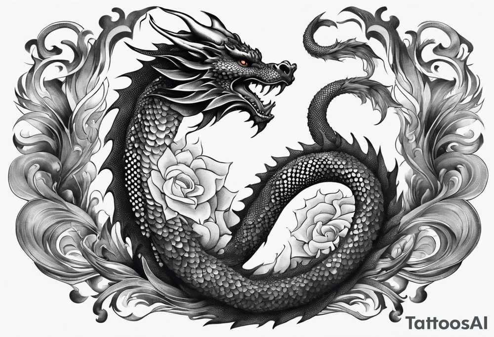 An ornate dragon breathing fire, with intricate scales and a fierce expression, symbolizing power and protection.” tattoo idea