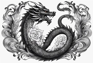 An ornate dragon breathing fire, with intricate scales and a fierce expression, symbolizing power and protection.” tattoo idea