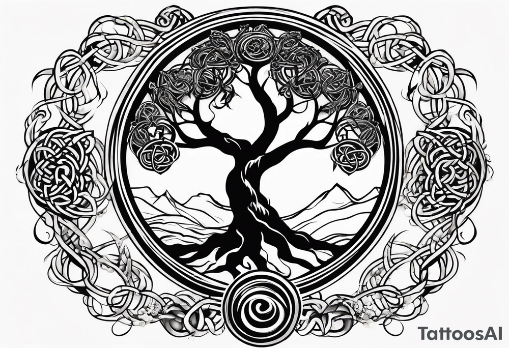 enso ring, celtic tree and acorn symbols tattoo idea