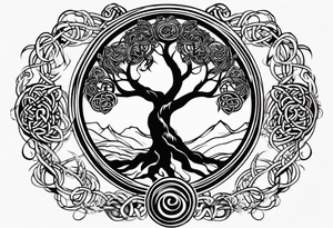 enso ring, celtic tree and acorn symbols tattoo idea