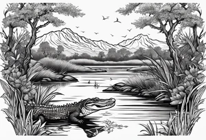 Scene live oak marsh birds alligator tattoo idea