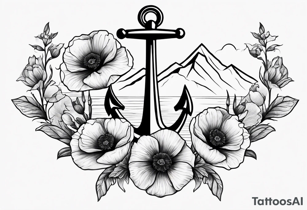 small anchor with poppy flowers intertwined and mountains behind it tattoo idea