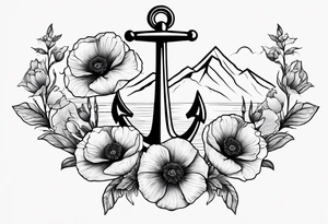 small anchor with poppy flowers intertwined and mountains behind it tattoo idea