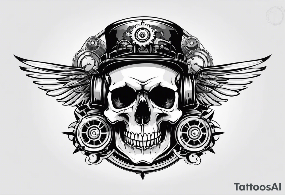 Powerful skull powered by an engine featuring an "steampunk desing" in the image appears a psiton and a turbo, also the dseign must be vertical. Also, the desing must be minimalistic not saturated. tattoo idea