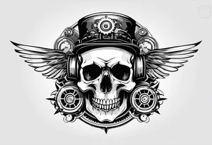 Powerful skull powered by an engine featuring an "steampunk desing" in the image appears a psiton and a turbo, also the dseign must be vertical. Also, the desing must be minimalistic not saturated. tattoo idea