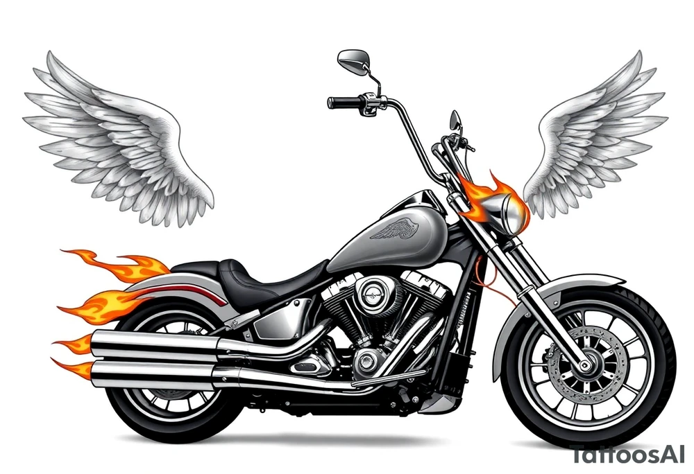 Low rider grey motorcycle, big muffler pipes with flames, angel wings, driving away, no person tattoo idea
