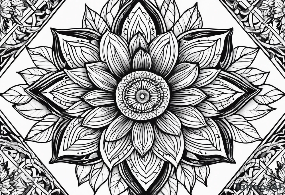 sunflower geometric with leaves mandala tattoo idea