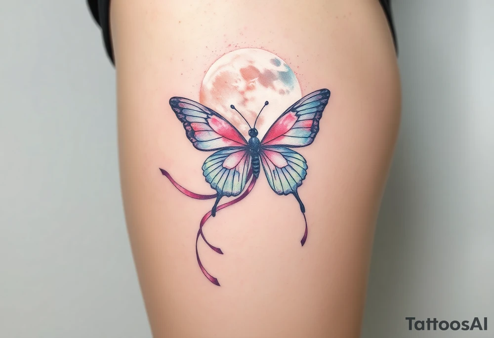 ethereal butterfly with flowing silk ribbons in full moon tattoo idea