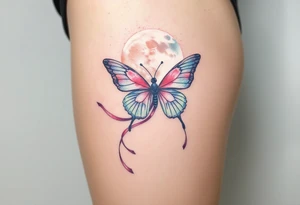 ethereal butterfly with flowing silk ribbons in full moon tattoo idea