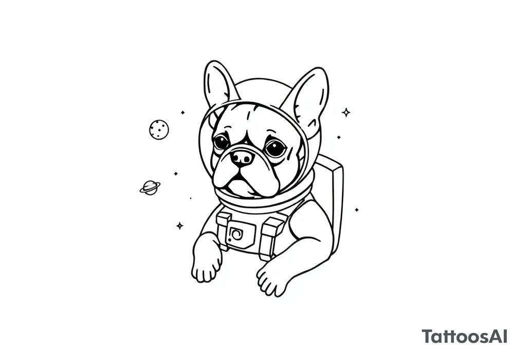 a space themed tattoo of my french bulldog mars. include elements in space like planets and stars. mars should be depicted as a astronaut in a spaceship tattoo idea