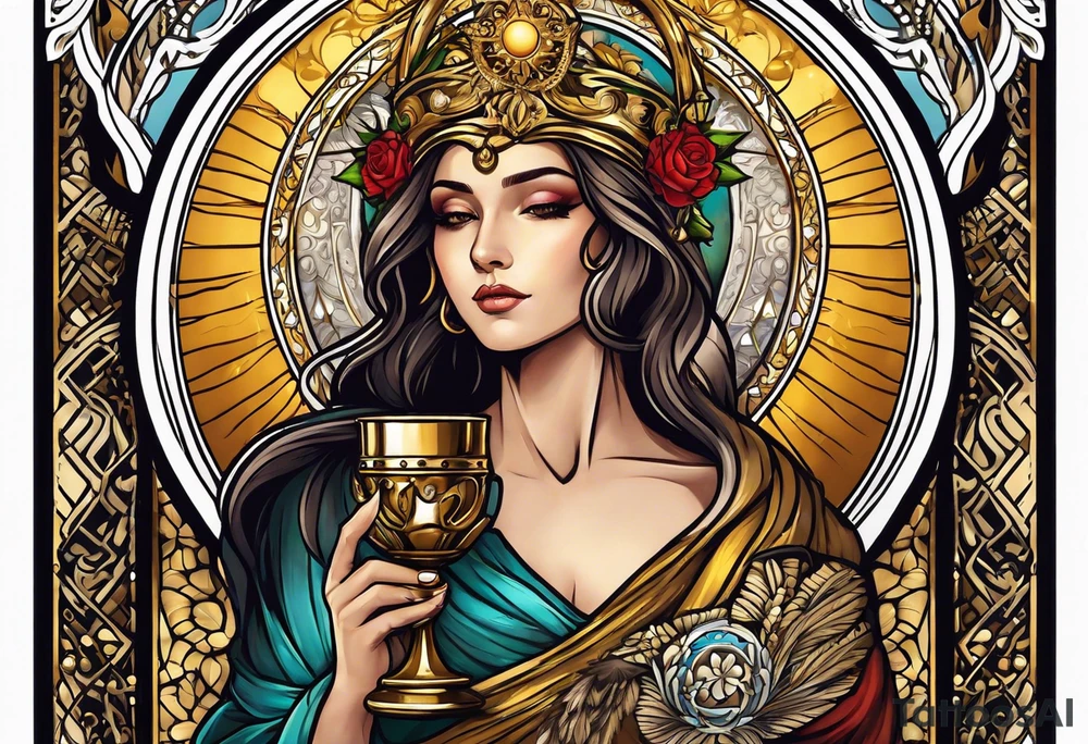 woman saint holding chalice surrounded by golden halo tattoo idea